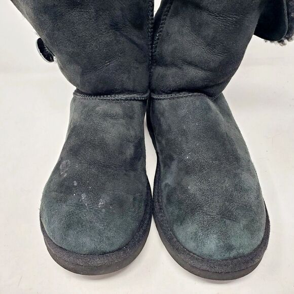 UGG Bailey Button Bling Boots Womens 7 Black Suede Sheepskin Lined Shoes WORN - Picture 4 of 13